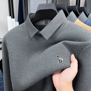 디자이너 오리지널 남성용 페이크 투피스 니트 스웨터 셔츠 칼라 긴팔 따뜻한 안티필링 캐주얼 비즈니스 가을 겨울