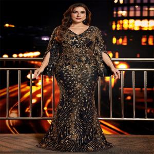 Lucyinlove 플러스 사이즈 럭셔리 블랙 이브닝 드레스 여성 슬릿 긴 소매 인어 공식 스팽글 웨딩 파티 칵테일 가운