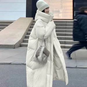 겨울용 솔리드 롱 후드 다운 재킷 여성용 두꺼운 따뜻한 아웃도어 파카 아우터 여성용 화이트 덕다운 루즈핏 무릎 길이 다운 재킷