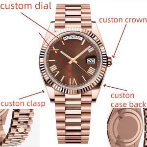 커스텀 로고 시계 남성용 명품 로즈골드 기계식 손목시계 요일 날짜 캘린더 MIYOTA 8285 무브먼트 방수 시계