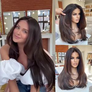 내추럴 스트레이트 레이어 합성 레이스 탑 가발 다크 초콜릿 브라운 여성용 가발 클리어런스 세일 중 데일리 파티 코스프레 가발