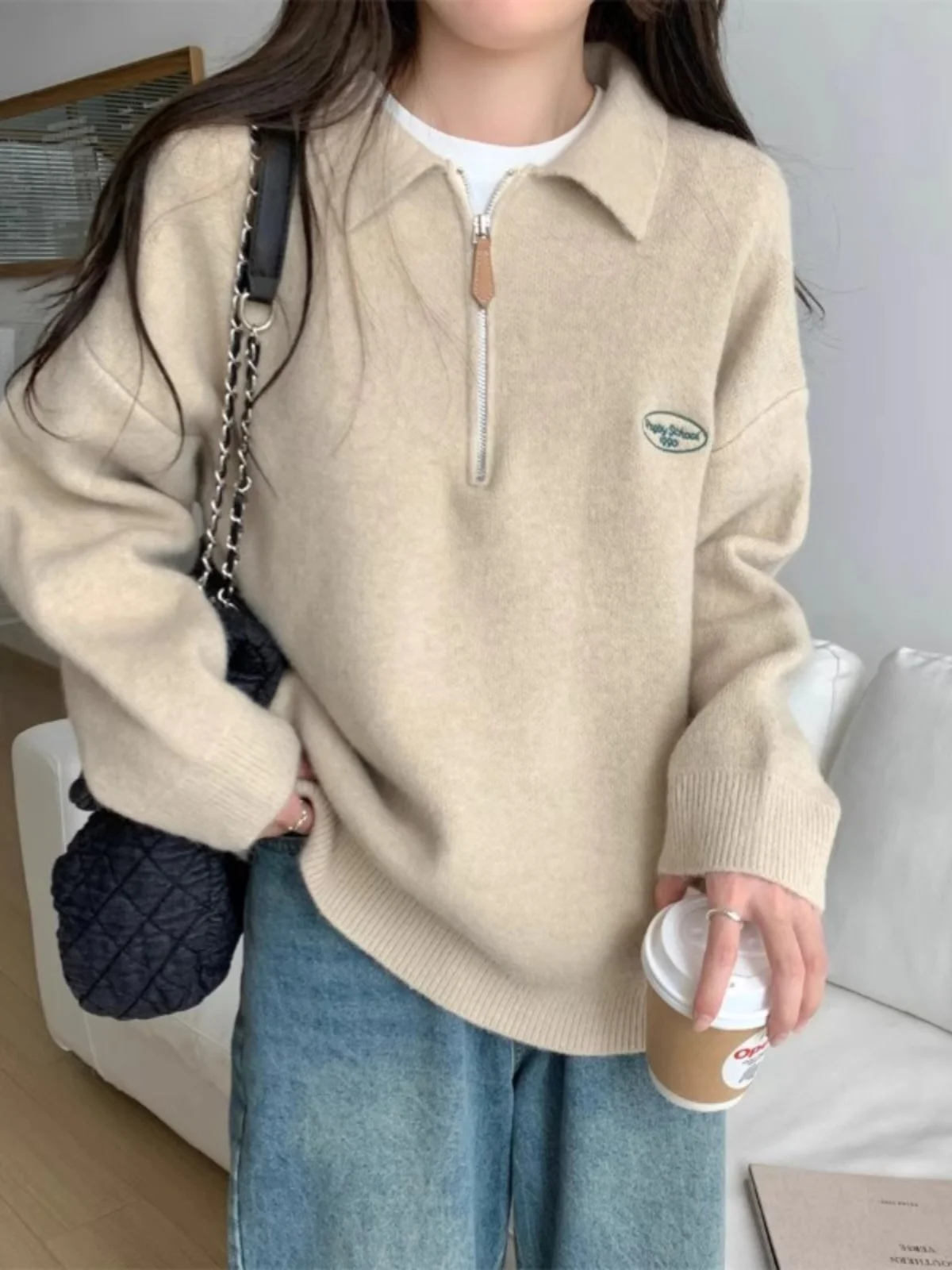 우아한 폴로넥 하프 지퍼 자수 레터 니트 스웨터 여성용 가을 겨울 루즈핏 베이스 레이어 레이지 스타일 탑