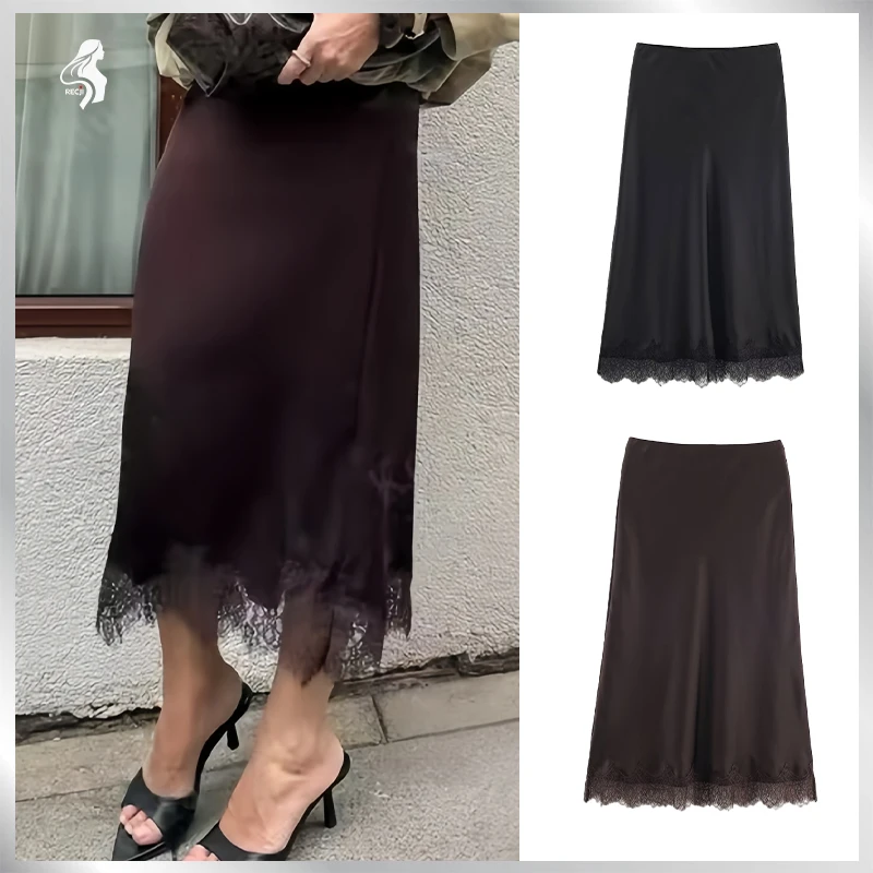 2025년 신상 가을 여성 패션 중간 길이 스커트 레이스 스플라이싱 봄 가을 및 데이트 의상에 적합 트라피자란