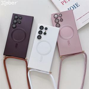 랜야드 크로스 바디 목걸이 마그네틱 충전 케이스, 삼성 S25 S24 S23 울트라 S22 S21 플러스 S20FE 노트 20 매트 커버, 맥세이프용