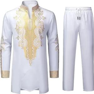 뜨거운 판매 남자 정장 아프리카 민족 스타일 긴 소매 수 놓은 정장 남자 전통 의류 2 조각 바지 옷