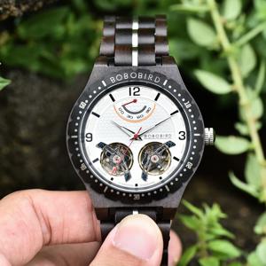 BOBO BIRD 남성용 기계식 나무 시계, 더블 뚜르비옹 무브먼트, 비즈니스 럭셔리 자동 손목시계, 훌륭한 선물 상자