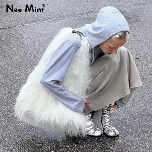 여성용 핫 플러피 모피 숄더백, 00s 쿨 Y2k 스트리트 걸스, 럭셔리 브랜드 패션, 인조 모피 호보 빅 토트백, 하라주쿠 핸드백