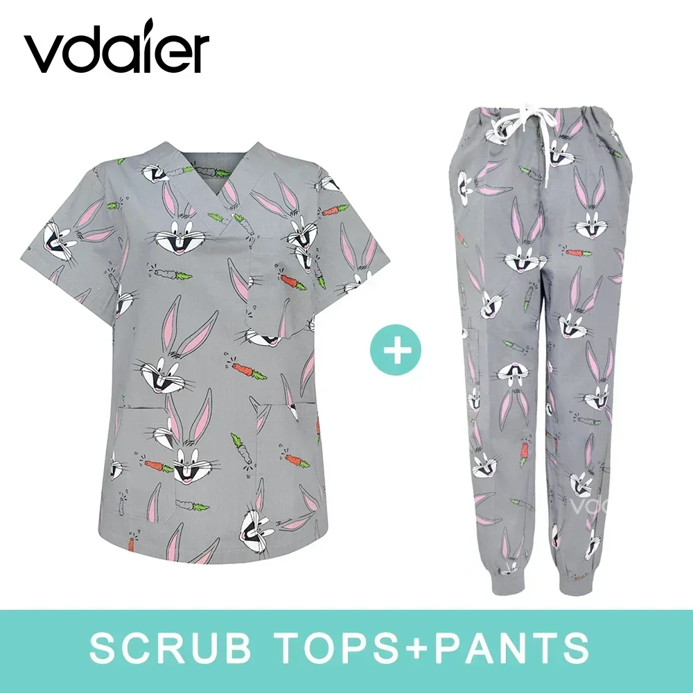 면 인쇄 수술 세트 애완 동물 클리닉 치과 소아과 의사 미용 병원 유니폼 스크럽 세트 작업복 의료복
