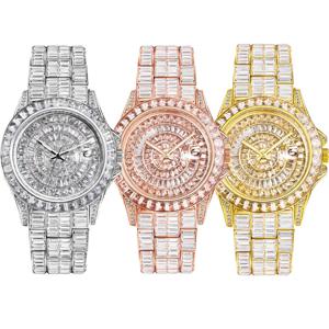 남성 여성을위한 럭셔리 쿼츠 시계 힙합 멋진 풀 스톤 골드 컬러 손목 시계 날짜 빛나는 방수 고급 시계 시계