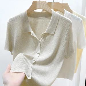 여성용 얇은 폴로 넥 니트 스웨터, 반팔, 단색, 다용도 크롭 카디건, 상의, 여름 기질