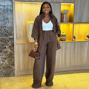 코튼 린넨 세트 여성 봄 여름 느슨한 특대 긴 소매 셔츠 긴 바지 2 조각 세트 캐주얼 오피스 숙녀 바지 정장