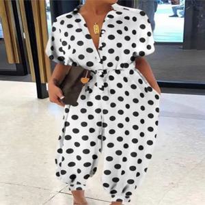 2025 여름 뉴 도트 레오파드 프린트 점프 슈트 여성 반팔 Leace-up 포켓 캐주얼 점프 슈트 패션 빈티지 숙녀 바디 슈트