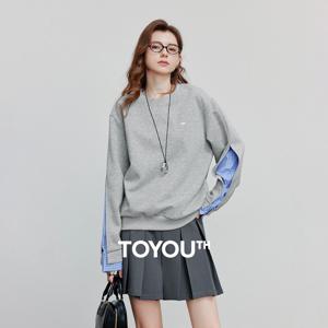 토유스 여성 후드티 스웨트셔츠 2025 가을 신상 패치워크 디자인 라운드넥 긴팔 풀오버 캐주얼 탑