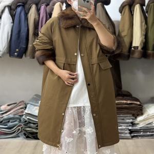 2025 겨울 롱 구스 다운 코트 데님 재킷 천연 레알 머스크랫 밍크 퍼 칼라 여성 아우터 럭셔리 파카 푸퍼 재킷