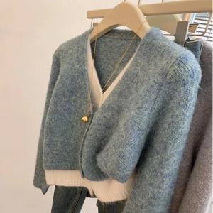 한국 스타일 루즈 니트 브이넥 스웨터 봄 가을 신상 페이크 투피스 스트레이트 튜브 긴팔 단색 탑