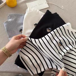 아동용 긴팔 티셔츠, 순면 통기성 기본 셔츠, 봄 소년과 소녀 만화 테디 베어 스트라이프 기본 셔츠