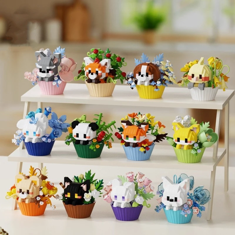 귀여운 디저트 작은 동물 화분 꽃다발 만화 인형 팬더 강아지 블록 장식 어린이 장난감 선물