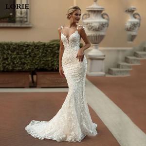 LORIE 절묘한 레이스 인어 웨딩 드레스, 스파게티 스트랩 신부 가운, 맞춤형 아플리케 웨딩 가운