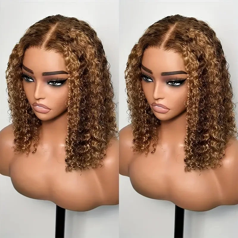 하이라이트 컬러 짧은 밥 가발 딥 웨이브 13x4 레이스 정면 가발 브라질 인간의 머리카락 깊은 곱슬 전체 정면 밥 가발 옹 브르 색상