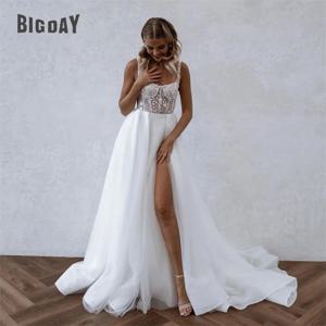 A 라인 웨딩 원피스 여성용 레이스 오픈 백 스퀘어 칼라 스파게티 스트랩, 스플릿 신부 가운, 트레인 드레스, 맞춤형