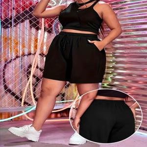 플러스 사이즈 솔리드 드로우 스트링 반바지 봄 & 여름 여성 플러스 사이즈 의류 캐주얼 신축성있는 허리 밴드 반바지