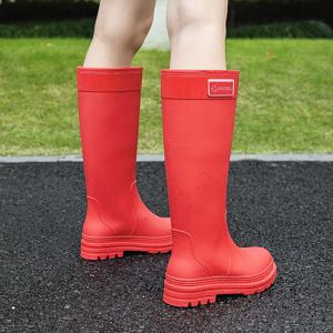 여성용 하이튜브 레인부츠 두꺼운 밑창 미끄럼 방지 방수 야외 바다 신발 신상 2025 밀리터리 스타일 PVC 소재