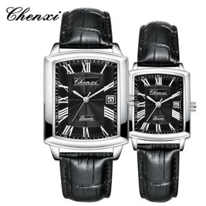 CHENXI 079A 패션 커플 쿼츠 시계 우아한 스퀘어 다이얼 가죽 스트랩 여성 시계 방수 달력 남성 캐주얼 시계