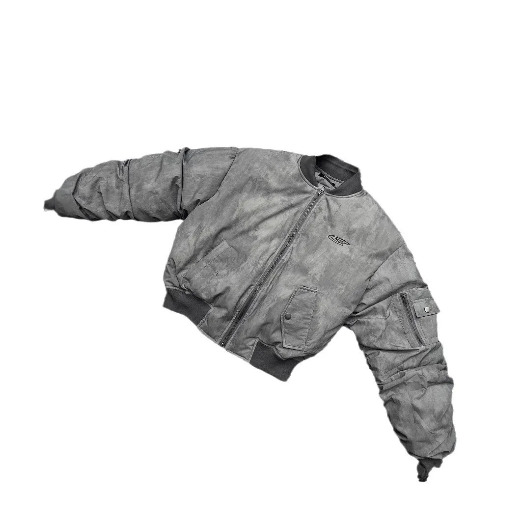 겨울 빈티지 디스트레스드 스타일 주름 디자인 봄버 야구 재킷 코튼 아메리칸 힙합 코트 따뜻한 파카