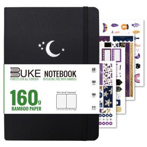 160GSM 대나무 종이 BUKE 도트 저널 스케치북 블랙 패브릭 하드커버 A5 사이즈, 160페이지 5x5mm 도트 그리드 달 별