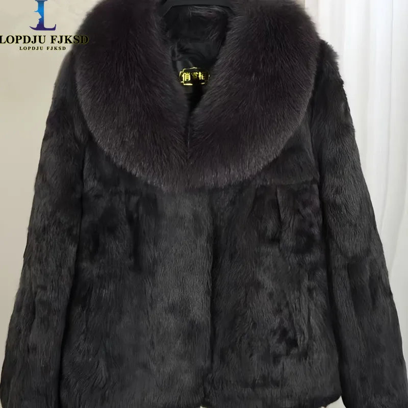 여성용 진짜 토끼 모피 코트, 두껍고 따뜻한 짧은 재킷, 여우 모피 칼라, 우아한 여성 따뜻한 겉옷, 가을, 겨울, 신상 패션