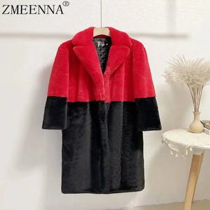 ZMEENNA 여성용 블랙 레드 대비 인조 모피 코트, 긴팔 두꺼운 보온성 외투, 2024 가을 신상 의류, ZM604, 겨울