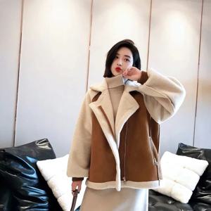 FSMG 여성용 두꺼운 플러시 따뜻한 코트, 양모 인조 스웨이드 지퍼 재킷, 루즈 퍼 원피스, 겨울 패션, 카키 아우터