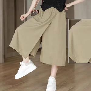 스미 하이웨이스트 아이스 실크 루즈핏 얇은 9부 여성 작업복 바지 스커트 캐주얼 스트레이트 레그 팬츠 여름용