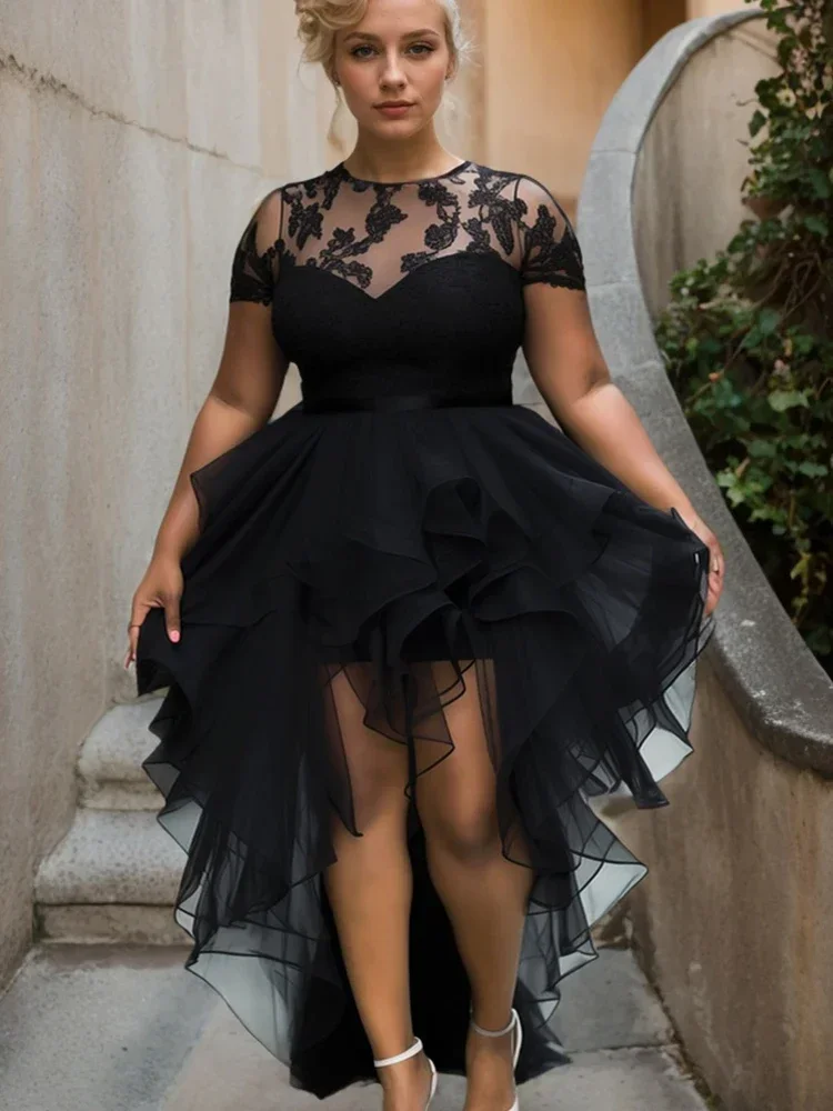 플러스 사이즈 레이스 패치 워크 파티 드레스 여성 짧은 소매 우아한 불규칙한 밑단 섹시한 드레스 가운 레이디 신부 들러리 이브닝 드레스