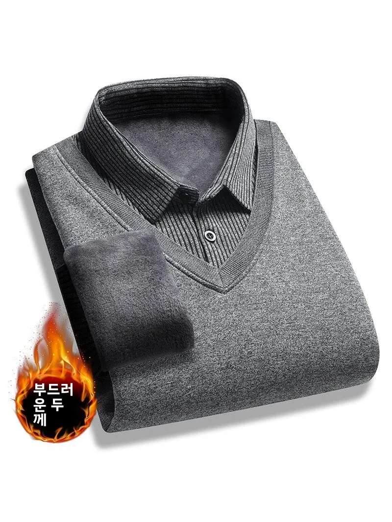 남성용 겨울 두꺼운 플리스 안감 긴팔 셔츠 칼라 니트 스웨터 베이스 레이어 따뜻한 아빠 옷 캐주얼 루즈핏