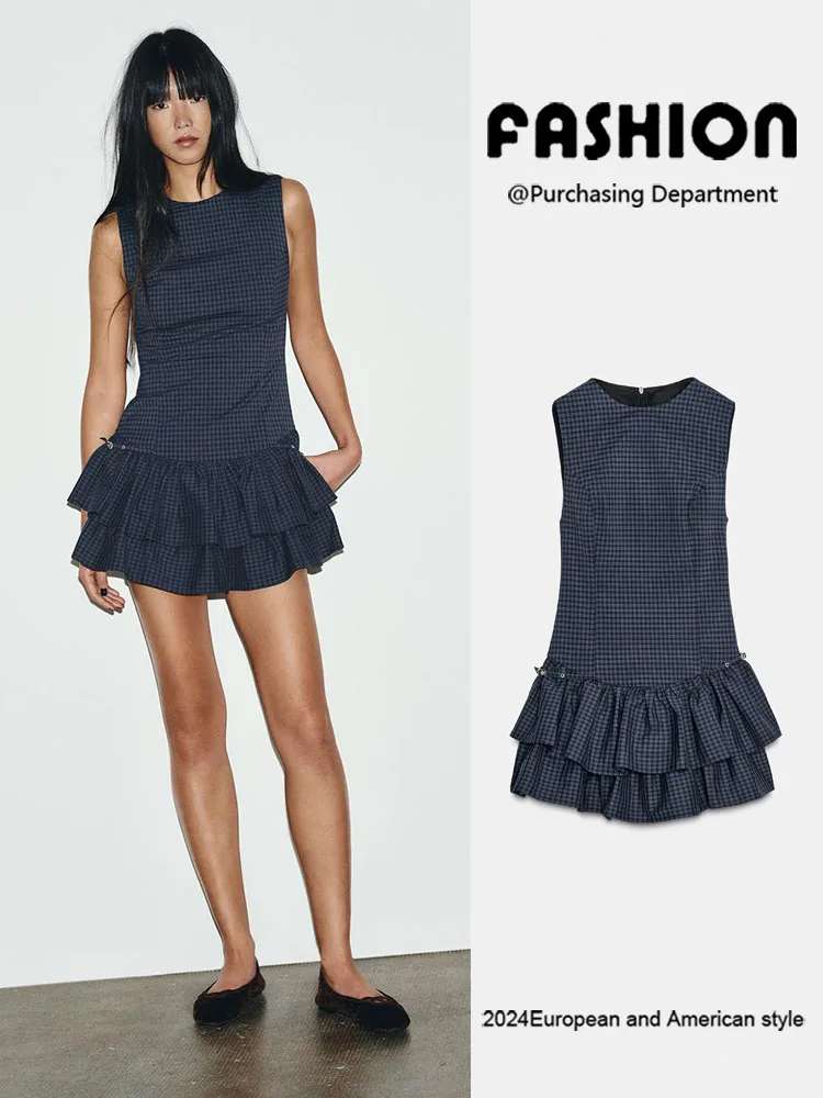 패셔너블한 체크무늬 짧은 원피스 ZA2025 가을 신상 여성 의류 우아한 분위기 레이어드 장식 3067269 405