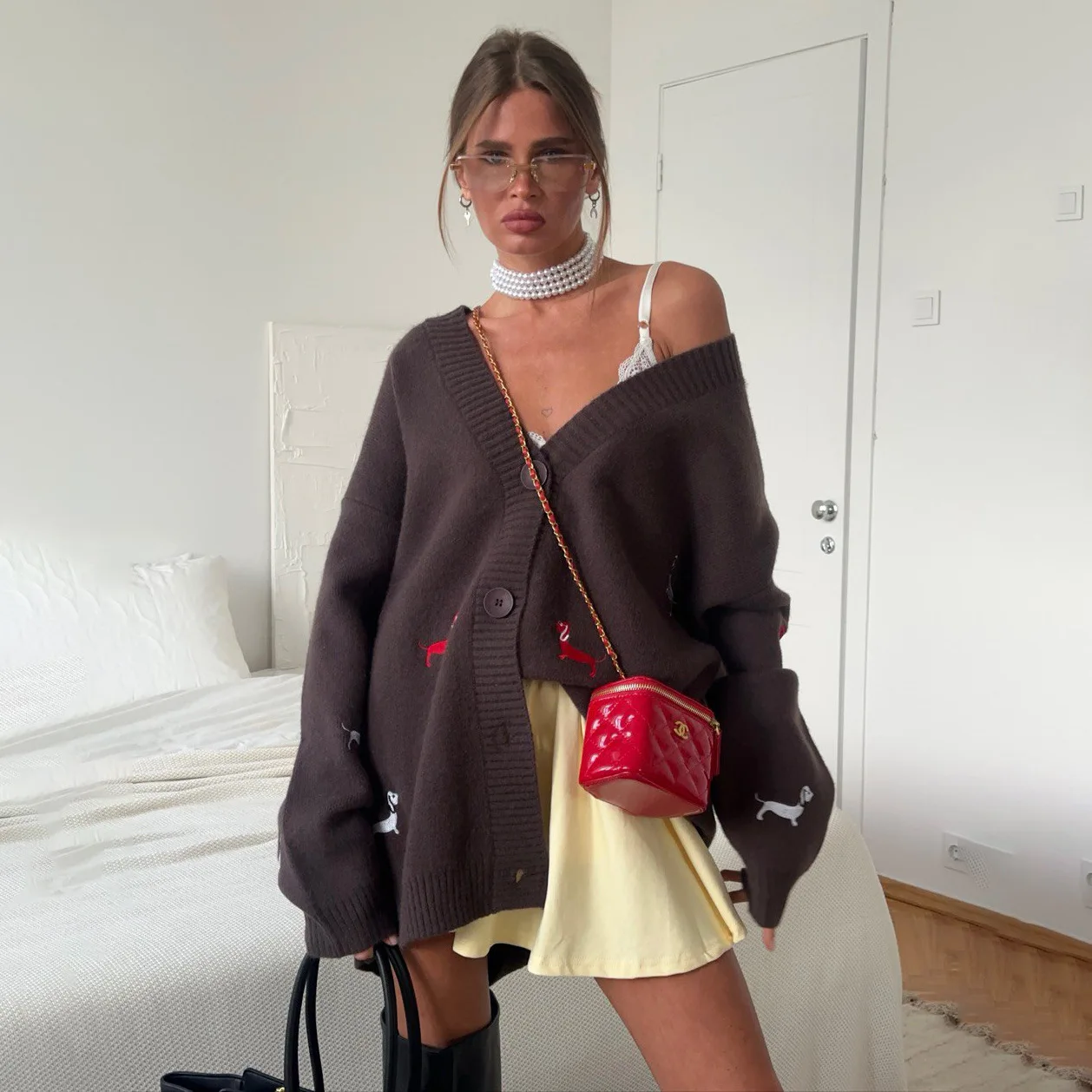 초가을 소시지 도그 자수 스웨터 가디건 루즈핏 다용도 브이넥 긴팔 재킷 레이지 패션 여성 의류