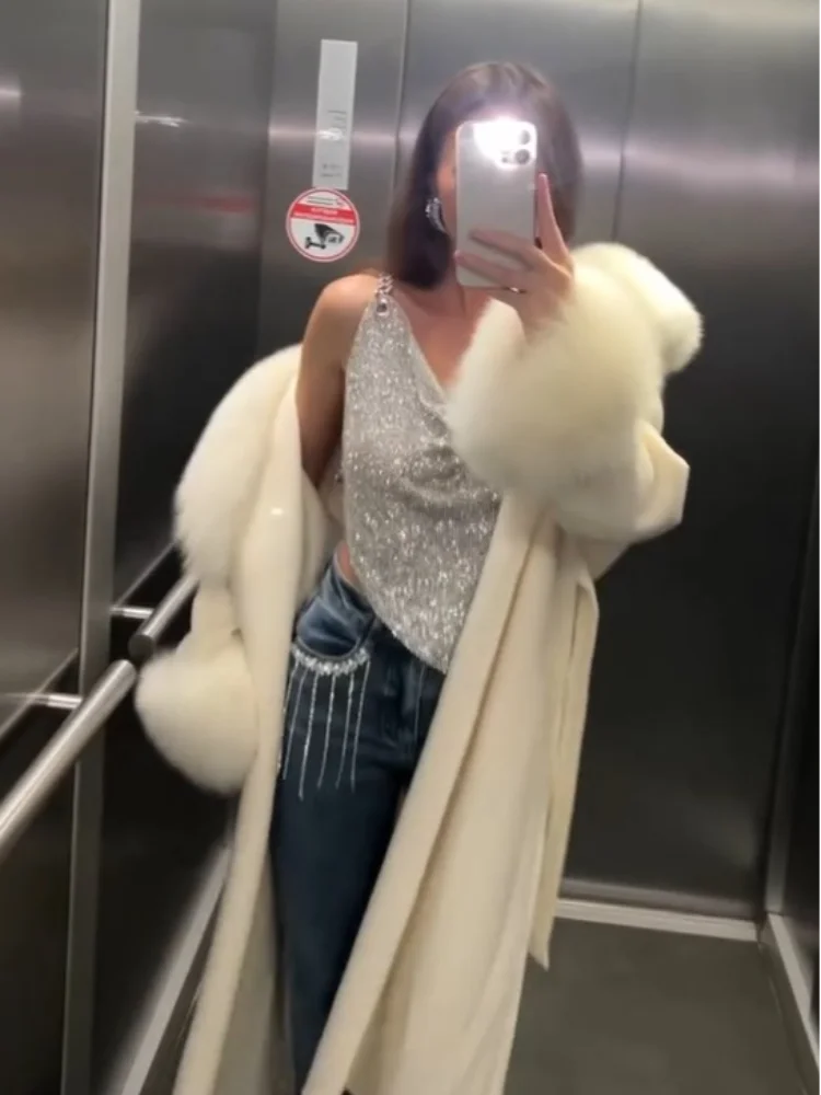 인조 모피 롱 플러시 여성 코트 우아한 레이스업 풀 슬리브 브이넥 여성 재킷 2025 겨울 패션 스플릿 루즈 여성 아우터웨어