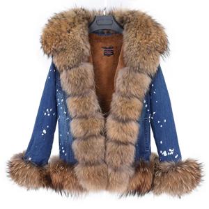 마오마오콩 탈부착 가능한 안감 고급 천연 너구리털 칼라 데님 코트 겨울 캐주얼 따뜻한 패션 숏 퍼 재킷 여성용