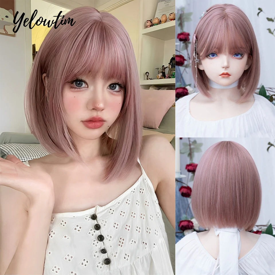 핫세일 합성 섬유 가발 여성용 퍼플 블론드 밥 숏 스트레이트 헤어 테일 나이프 고온 실크 풀 헤드 세트 가발