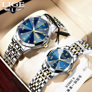 LIGE 새로운 패션 날짜 커플 시계 30M 방수 빛나는 발렌타인 데이 선물 스테인레스 스틸 시계 남성 여성 쿼츠 시계