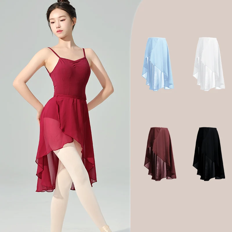 여성 발레 랩 스커트 블랙 쉬폰 발레 스커트 쉬어 댄스 스커트 성인 허리 조절 버클 스커트 십대 불규칙 스커트