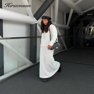 Hirsionsan 우아한 부드러운 우아한 빈티지 여성 정장, O넥 스웨터 및 미디 원피스 니트 운동복, 2 피스 여성 스커트 세트