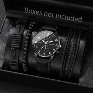 4/5PCS 패션 남자 시계 남자 비즈니스 석영 손목 시계 빈티지 가죽 팔찌 세트 Reloj Hombre (상자 없음)