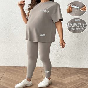 그레이 캐주얼 임산부 대형 라운드 넥 반팔 9 점 바지 홈 투피스 세트