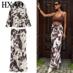 HXAO 프린트 새틴 스커트 세트 여성 정장 오버사이즈 긴팔 셔츠 투피스 세트 여성 의상 하이웨이스트 레이스업 스커트 세트 066