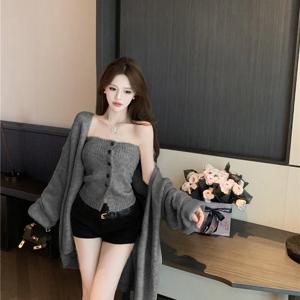 가을 겨울 여성 패션 캐미솔 버튼업 베이스 셔츠 아우터 스웨터 재킷 투피스 세트 두꺼운 긴팔 루즈핏 출퇴근 스타일