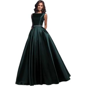 여성 맞춤 A라인 심플 새틴 프롬 드레스 롱 볼 가운 주름 비즈 이브닝 정장 파티 드레스 (포켓 포함)
