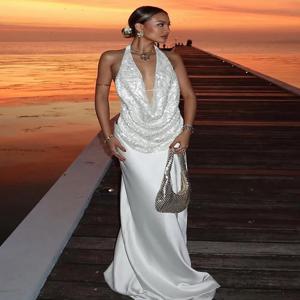 Nibber Temperament 2 피스 세트 여성 스윙 칼라 아라베스크 백리스 탑 + 스무스 스커트 휴가 해변 파티 매칭 슈트