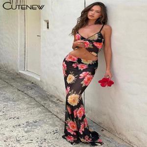 Cutenew 여성용 패치워크 투피스 세트, 레이스업 민소매 홀터 크롭 조끼 탑 + 슬림 롱 스커트, 여성 해변 휴가 복장